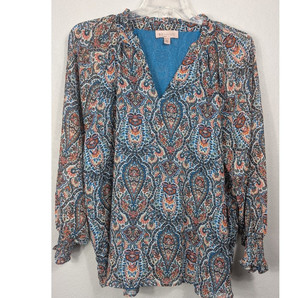 Philosophy Blouse Women 2X Blue Paisley V-Neck Smocked Cuff Boho Chiffon Top